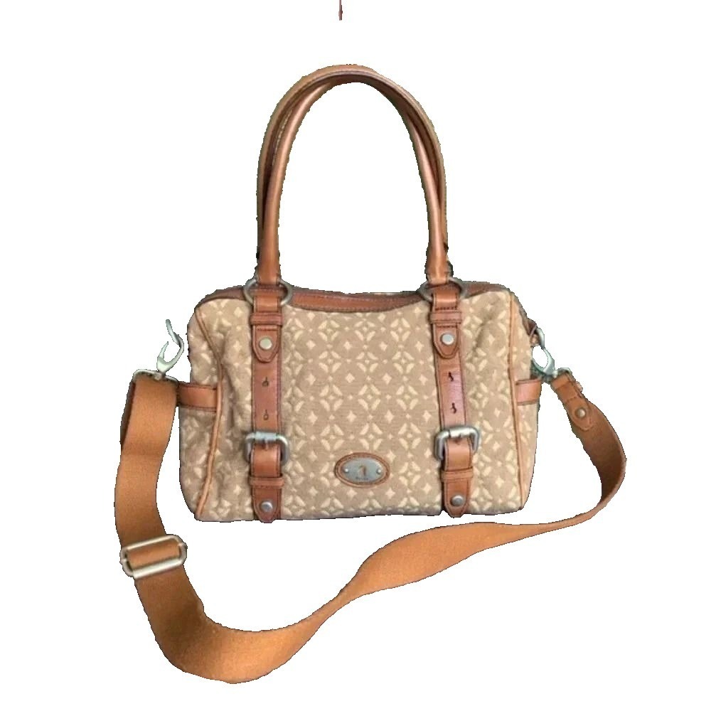 Fossil Satchel Crossbody Bag Leather Accent‎ Purse Buckle Detail Tan Brown
